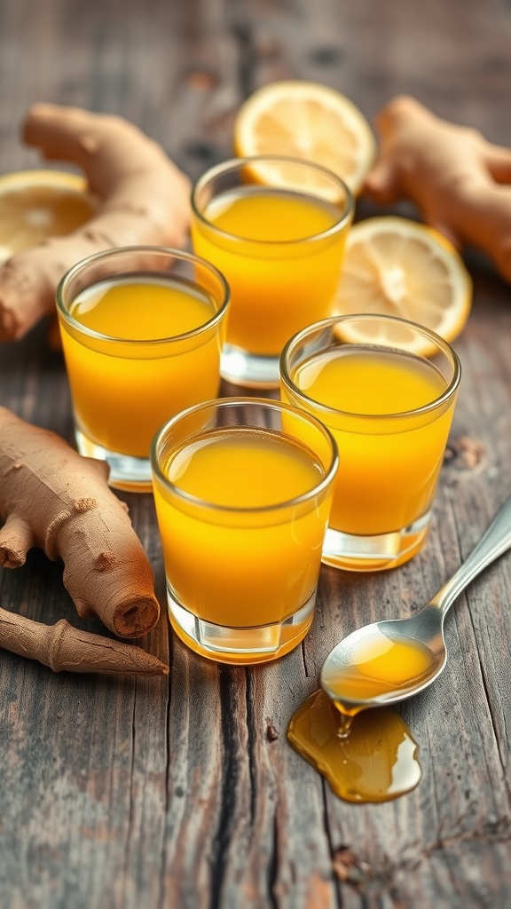 Fresh ginger shots in small glasses with ginger and lemon on a wooden table.